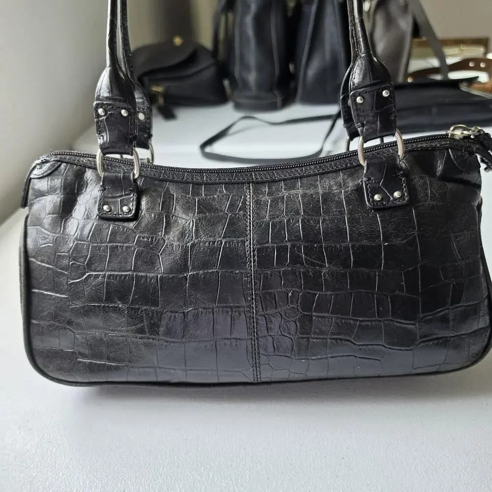 Fossil Shoulder Bag Womens Small Black Croc Embossed Leather Zip Purse Handbag